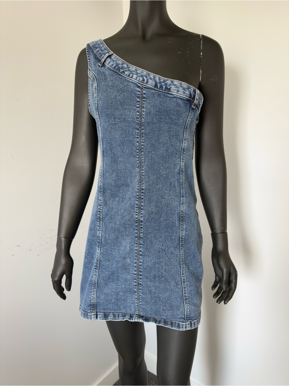 345. Lone Star One-Shoulder Denim Mini Dress in Blue